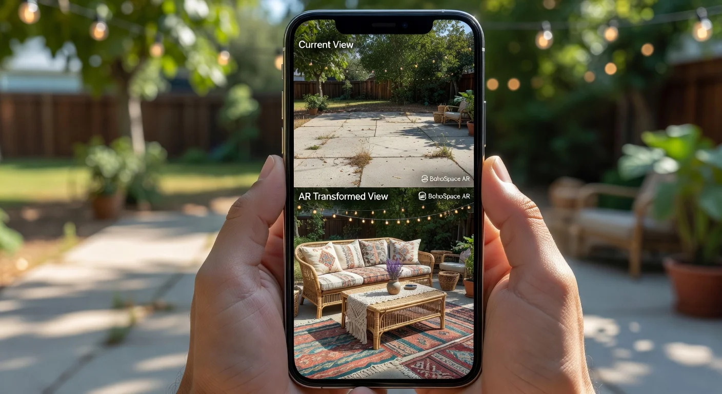 A mobile app interface demonstrating instant exterior and patio virtual staging.