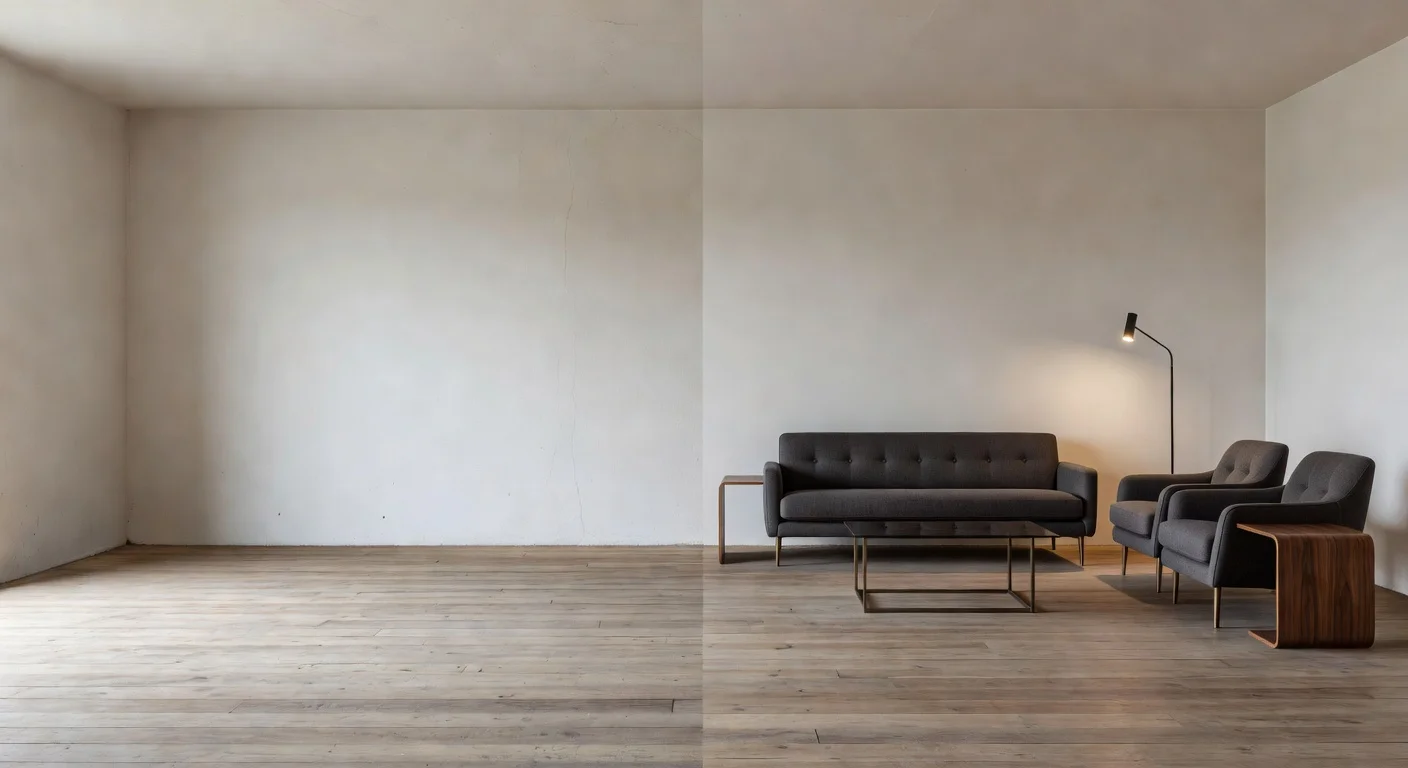 A side-by-side comparison of an empty living room and the same room filled with digital VRX staging furniture
